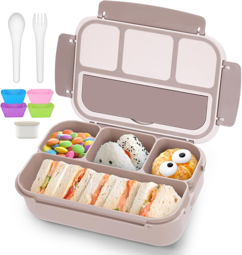 QQKO Bento Box Adult Lunch Box, Lunch Containers for Adults Men Women, Kids Lunch Boxes for School with 4 Compartments, Sauce Container, Utensils and Muffin Cups, Brown - Image 1